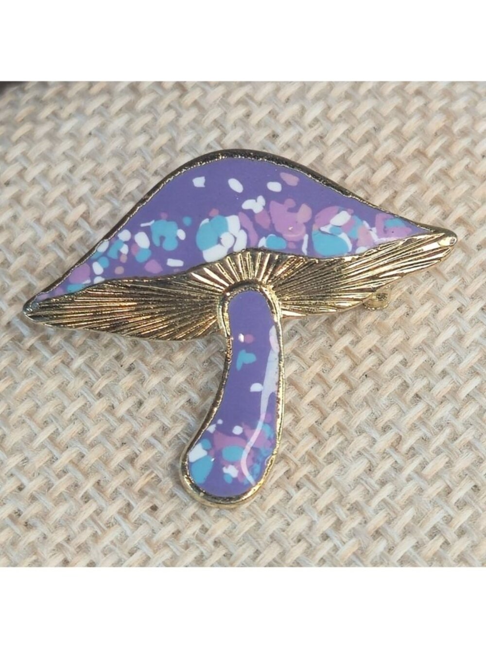 Enamel Mushroom Brooch Purple & Gold-Tone Speckled Whimsical Nature-Inspired Pi - Picture 2 of 8
